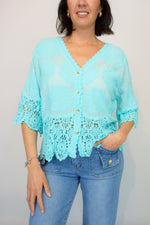 Crochet Hem Button Front Embroidered Shrug