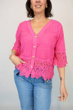 Crochet Hem Button Front Embroidered Shrug