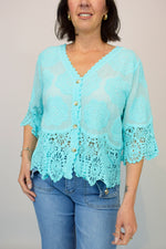 Crochet Hem Button Front Embroidered Shrug
