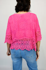 Crochet Hem Button Front Embroidered Shrug