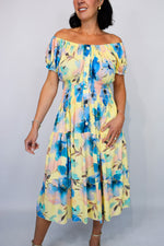 Lemon Base Floral Bardot Midi Dress