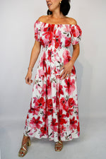 Red Flower Button Front Bardot Maxi Dress
