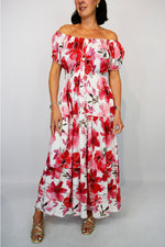 Red Flower Button Front Bardot Maxi Dress