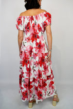 Red Flower Button Front Bardot Maxi Dress