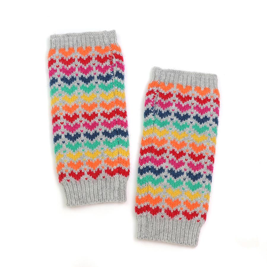 Grey and rainbow heart knit wrist warmers