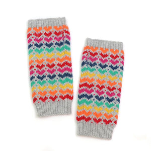 Grey and rainbow heart knit wrist warmers