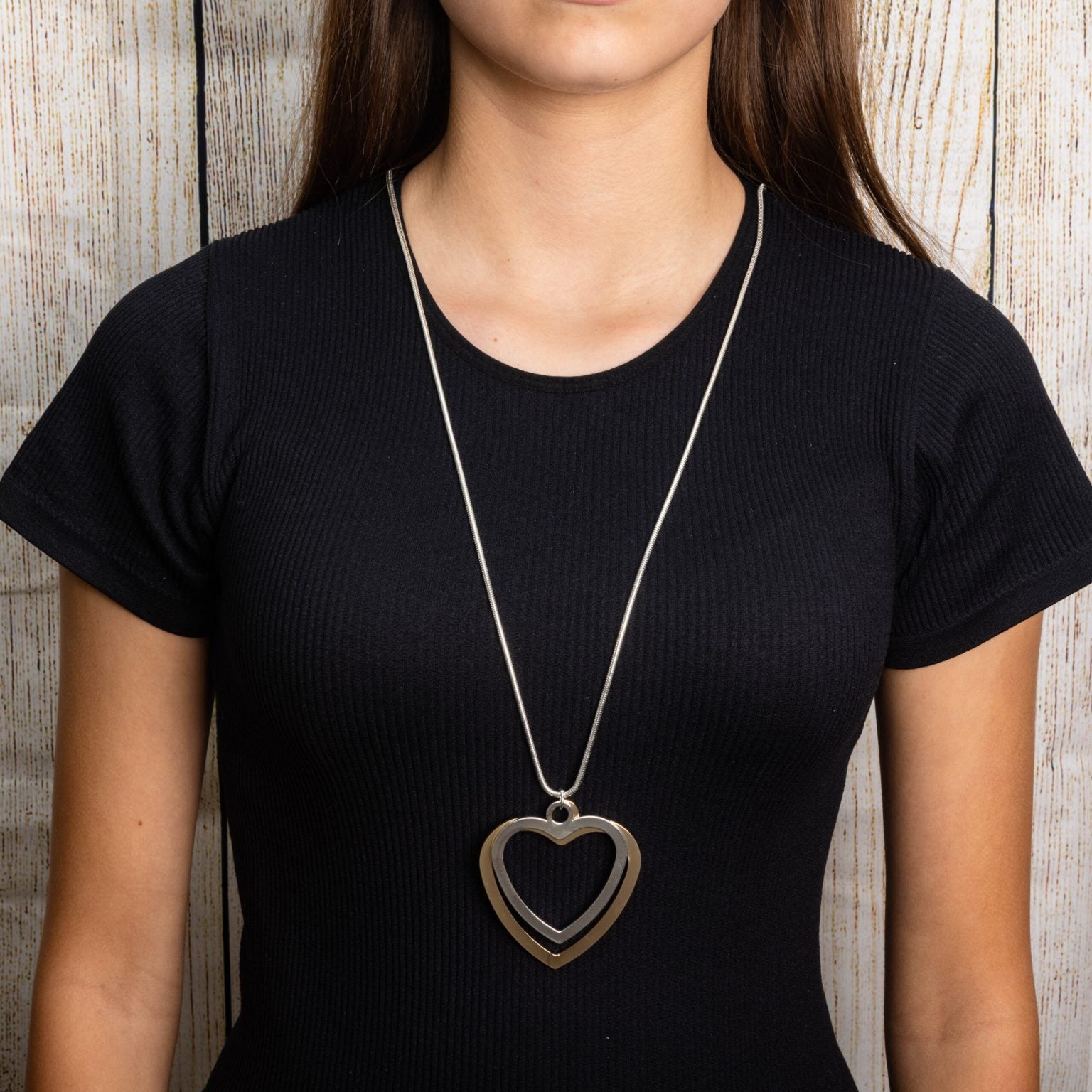 Double Heart Long Pendant Necklace in Gold and Silver Mix NK334G/S