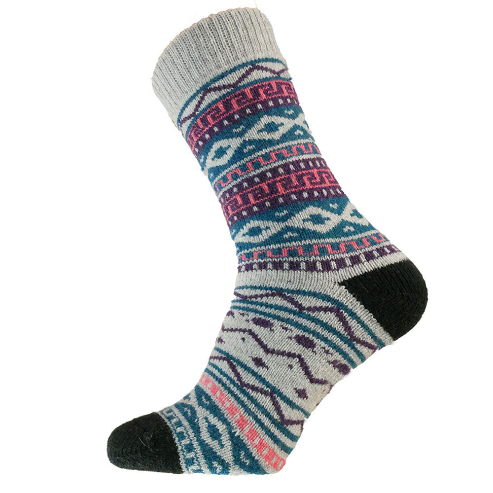 GREY, BLUE AND PURPLE NORDIC PATTERNED WOOL BLEND SOCKS