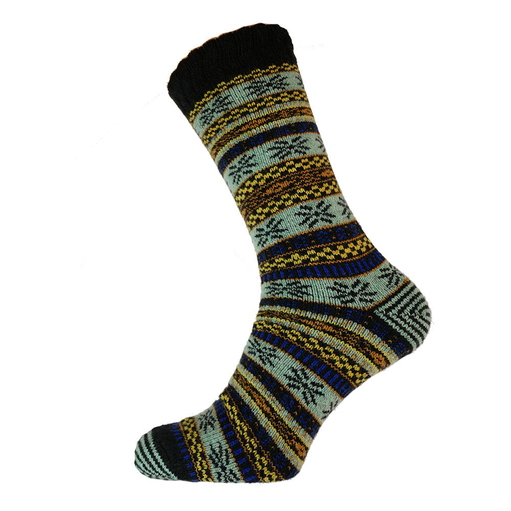 BLACK, BLUE AND YELLOW NORDIC PATTERNED WOOL BLEND SOCKS