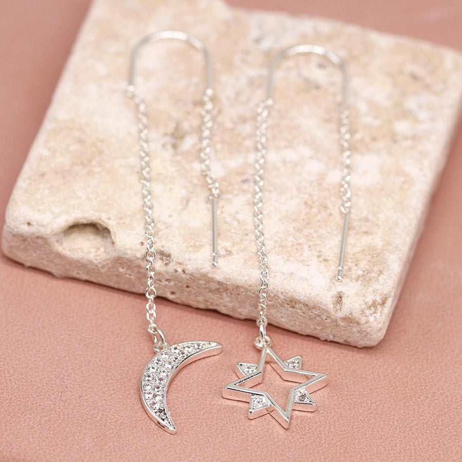 Silver plated crystal moon and star chain drop earrings 4019