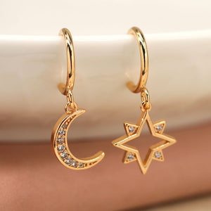 Golden mismatched crystal star and moon c-hoop earrings 4020