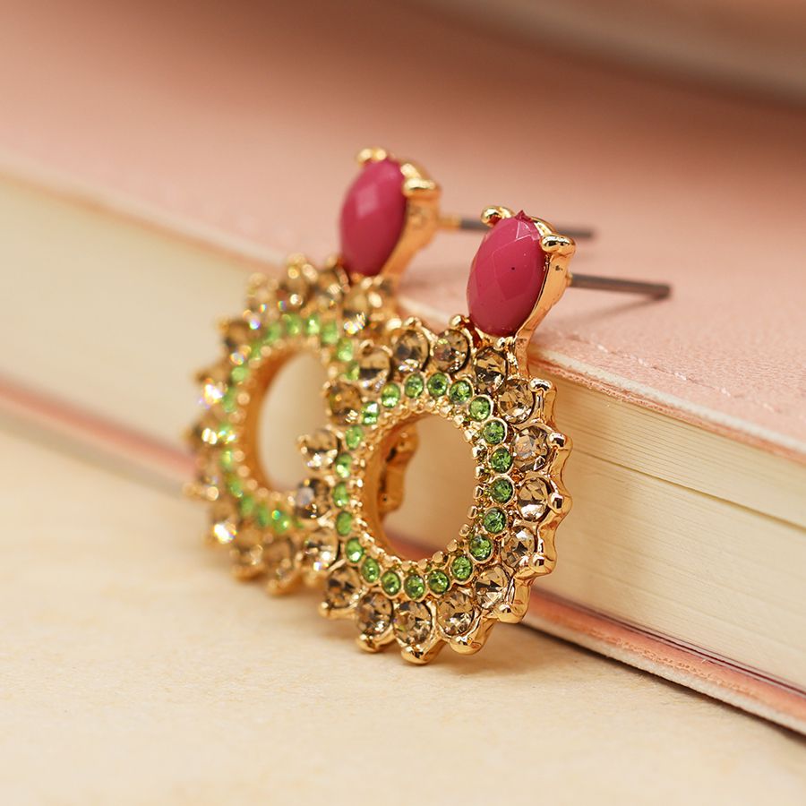 Faux gold plated open c-hoop stud earrings with lilac, green and pink oblong crystals