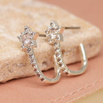 Silver plated lobe hugger earrings with crystal flower 4023