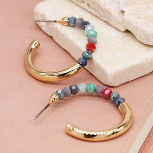 Golden open half hoop and multicoloured bead earrings 4024