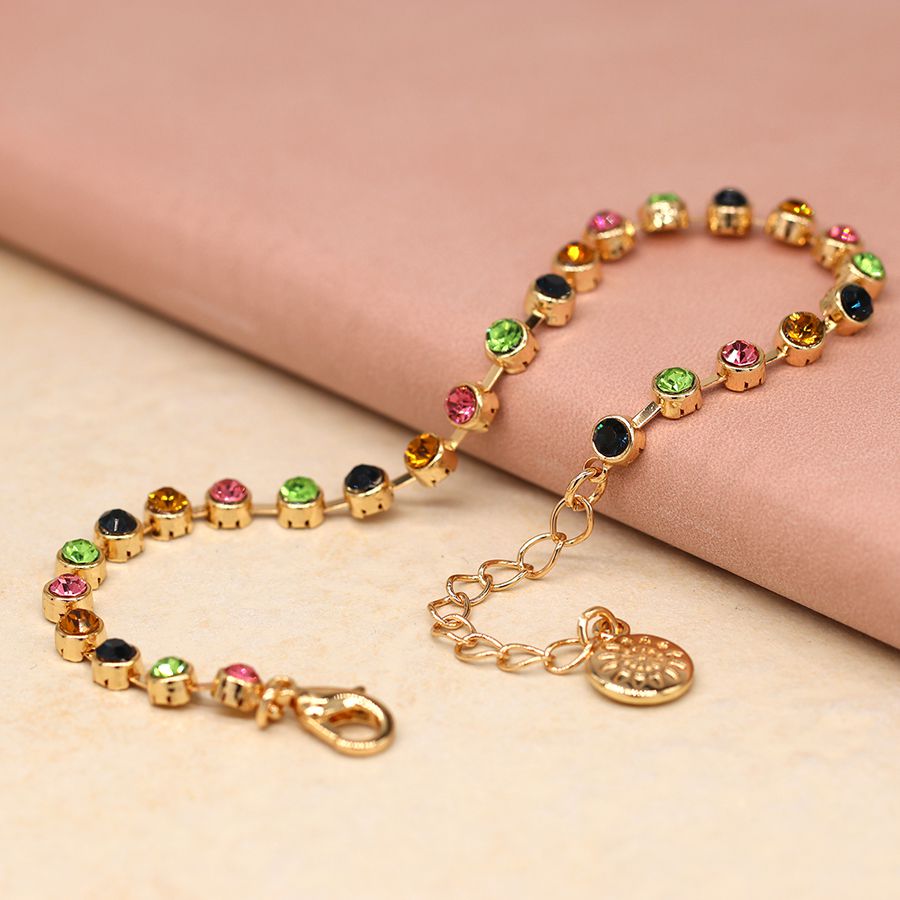 Golden crystal link bracelet in pink and green 4033