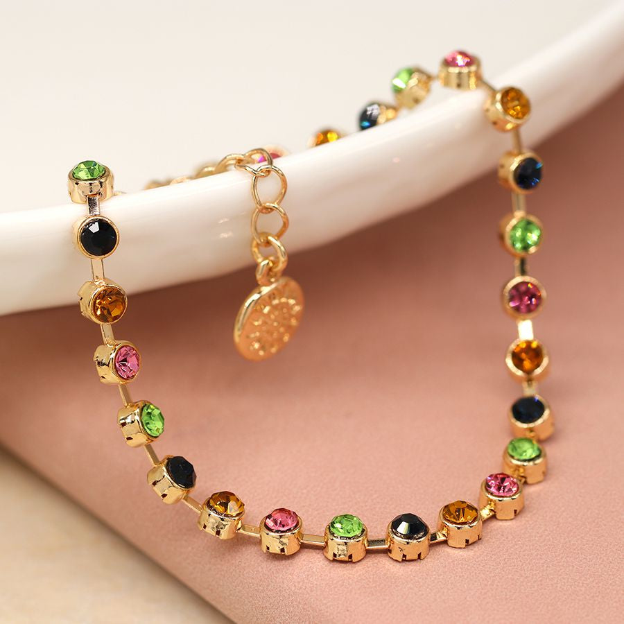 Golden crystal link bracelet in pink and green 4033