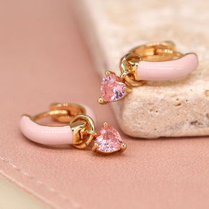 Pink enamel hoop and crystal drop earrings 4034