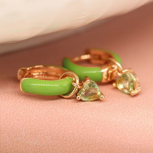 Green enamel hoop and crystal drop earrings 4035