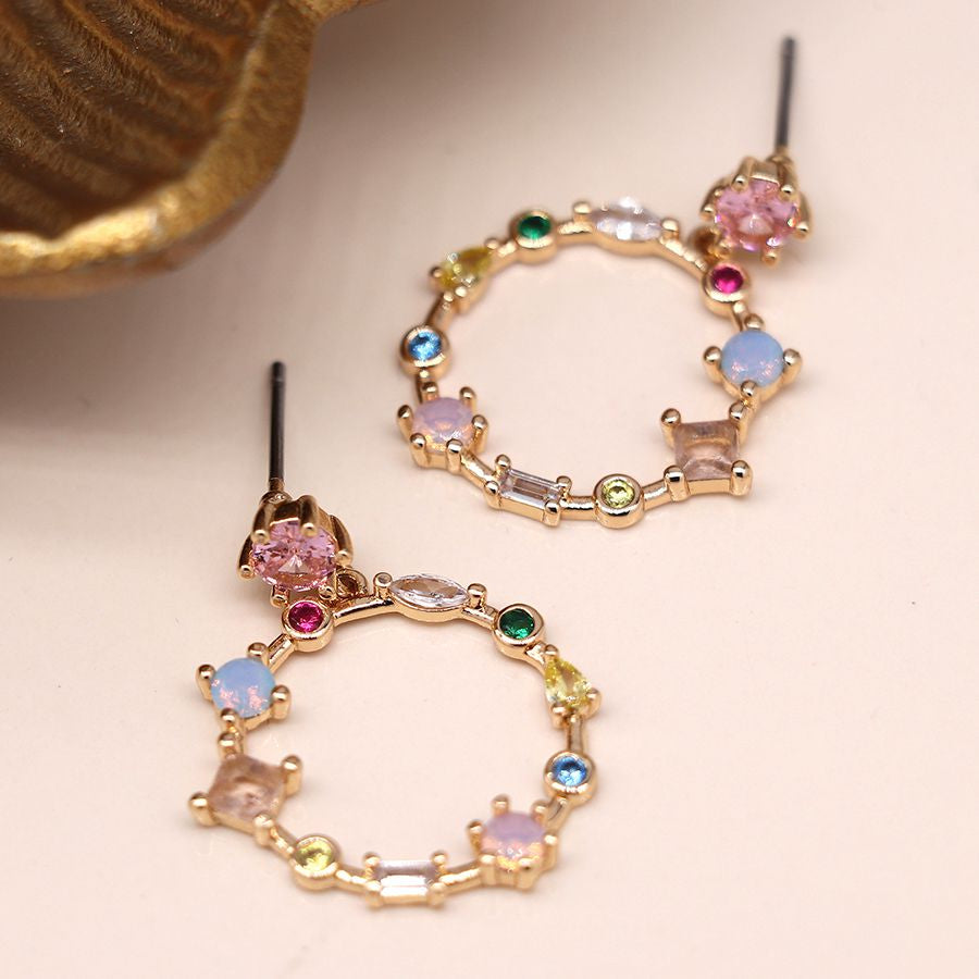 Golden decorative circle earrings with mixed crystals 4064