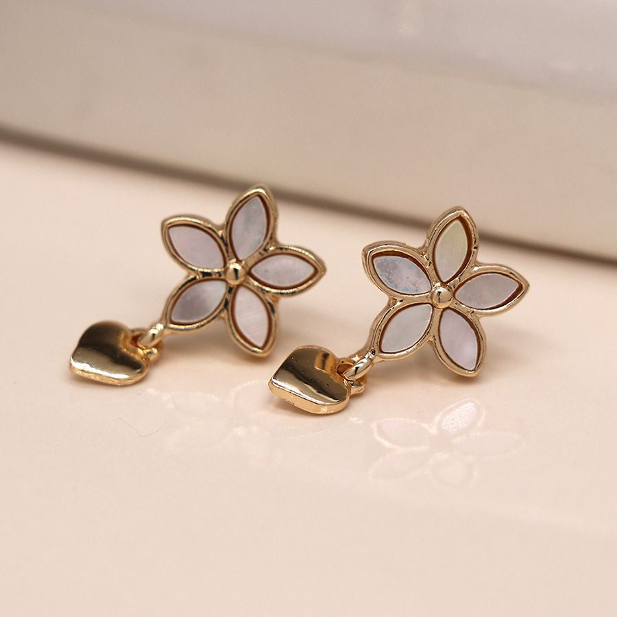 Golden shell inset flower and heart charm earrings 4067