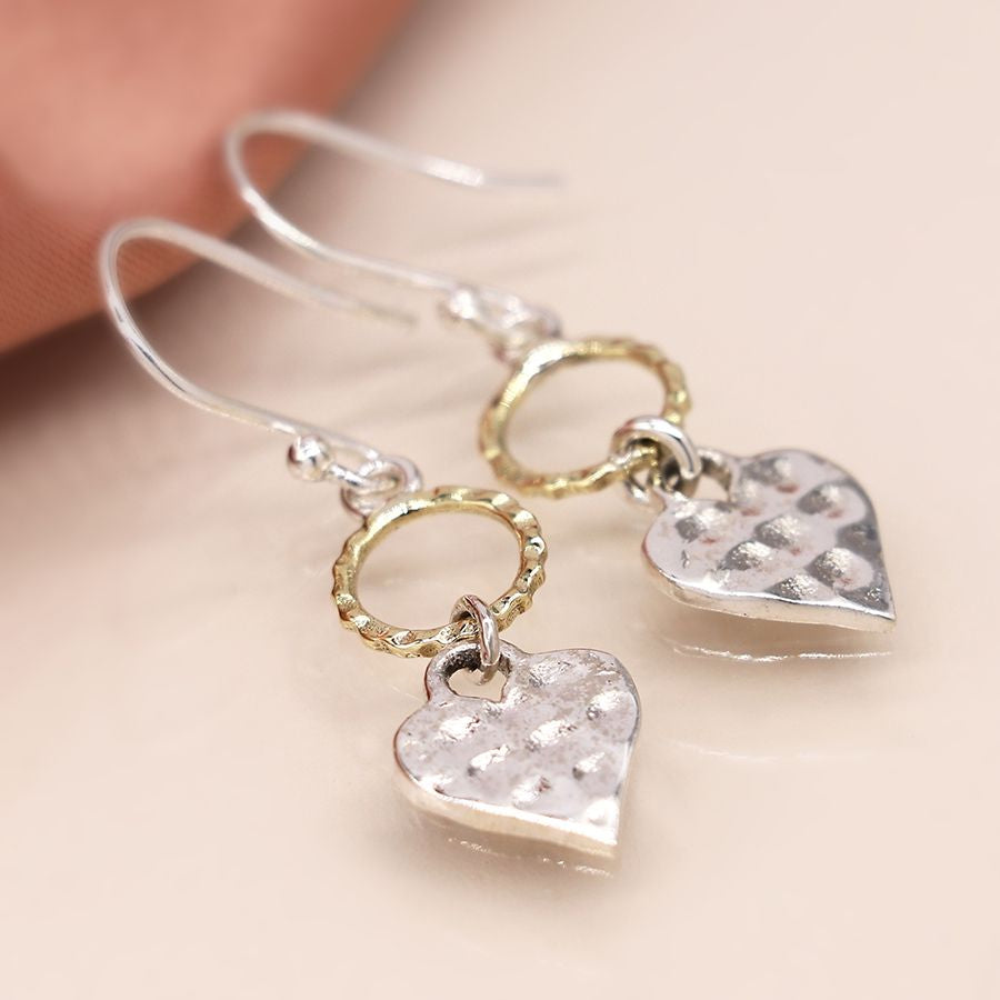 Sterling silver hammered heart and brass hoop drop earrings SB1178