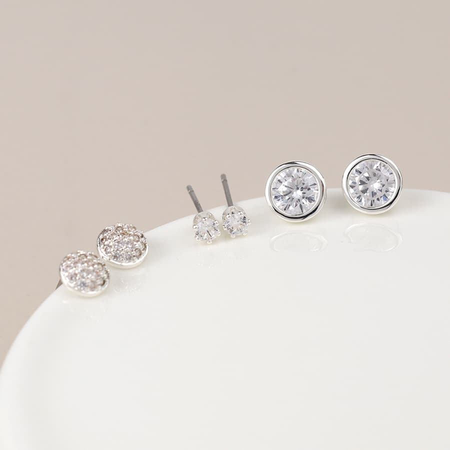 Silver plated triple round crystal stud earring set