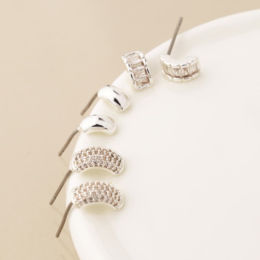Silver plated triple curve stud earring set