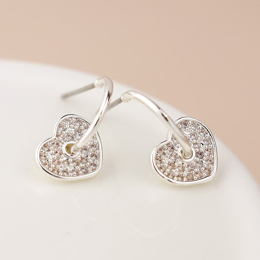 Silver plated c-post crystal heart charm earrings