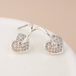 Silver plated c-post crystal heart charm earrings