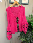 Fuchsia or Pink Cardigan with Leopard Ties and hearts on elbow 910