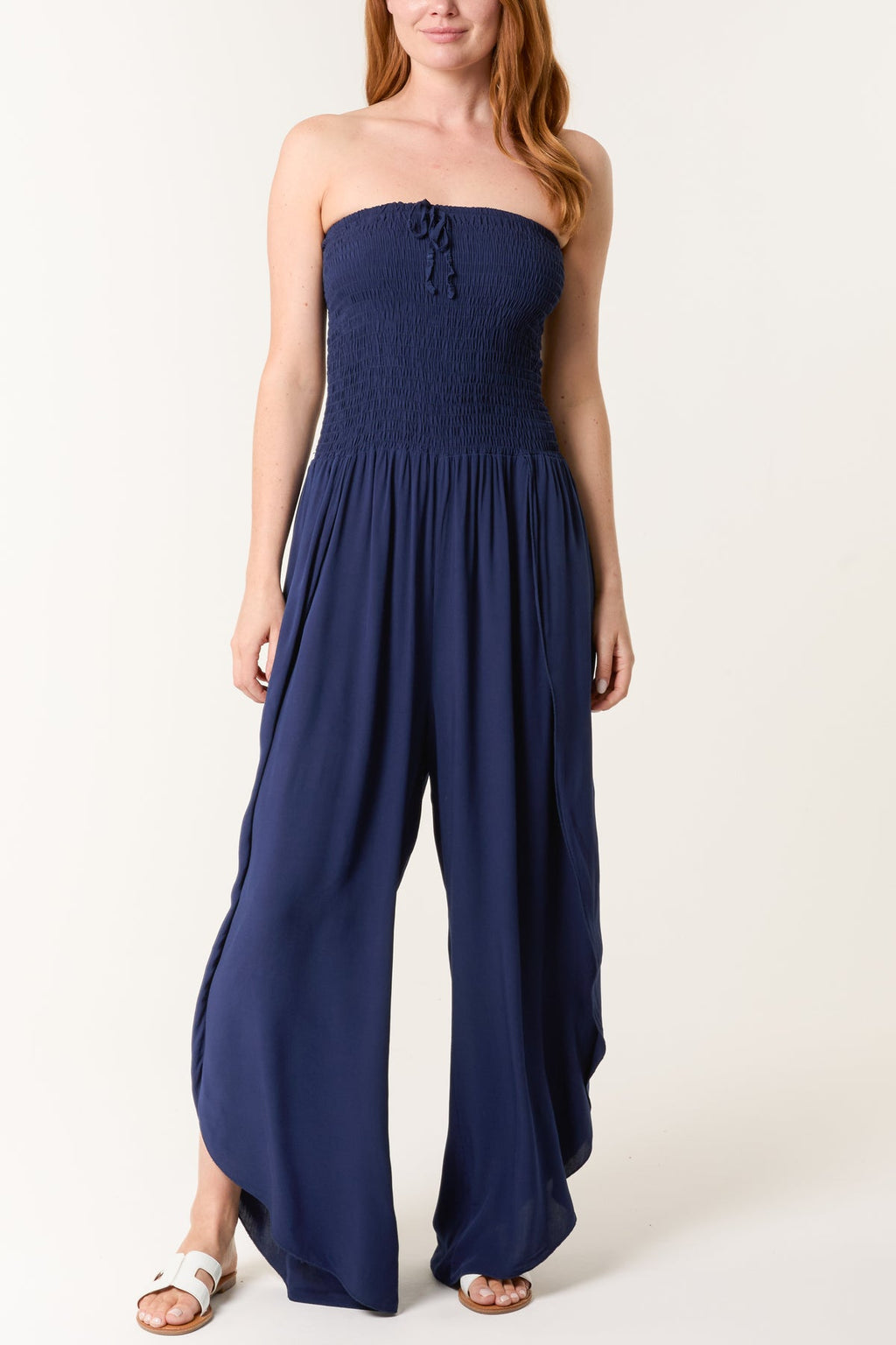 STRAPLESS SHIRRED BODICE SPLIT LEG JUMPSUIT
