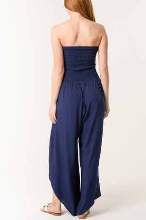 STRAPLESS SHIRRED BODICE SPLIT LEG JUMPSUIT