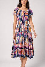 Abstract Print Shirred Midi Dress