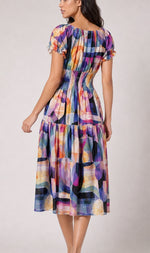 Abstract Print Shirred Midi Dress
