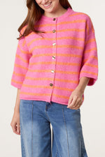 3/4 Sleeve Striped Knit Cardigan – Hot Pink