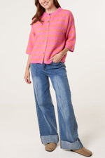 3/4 Sleeve Striped Knit Cardigan – Hot Pink