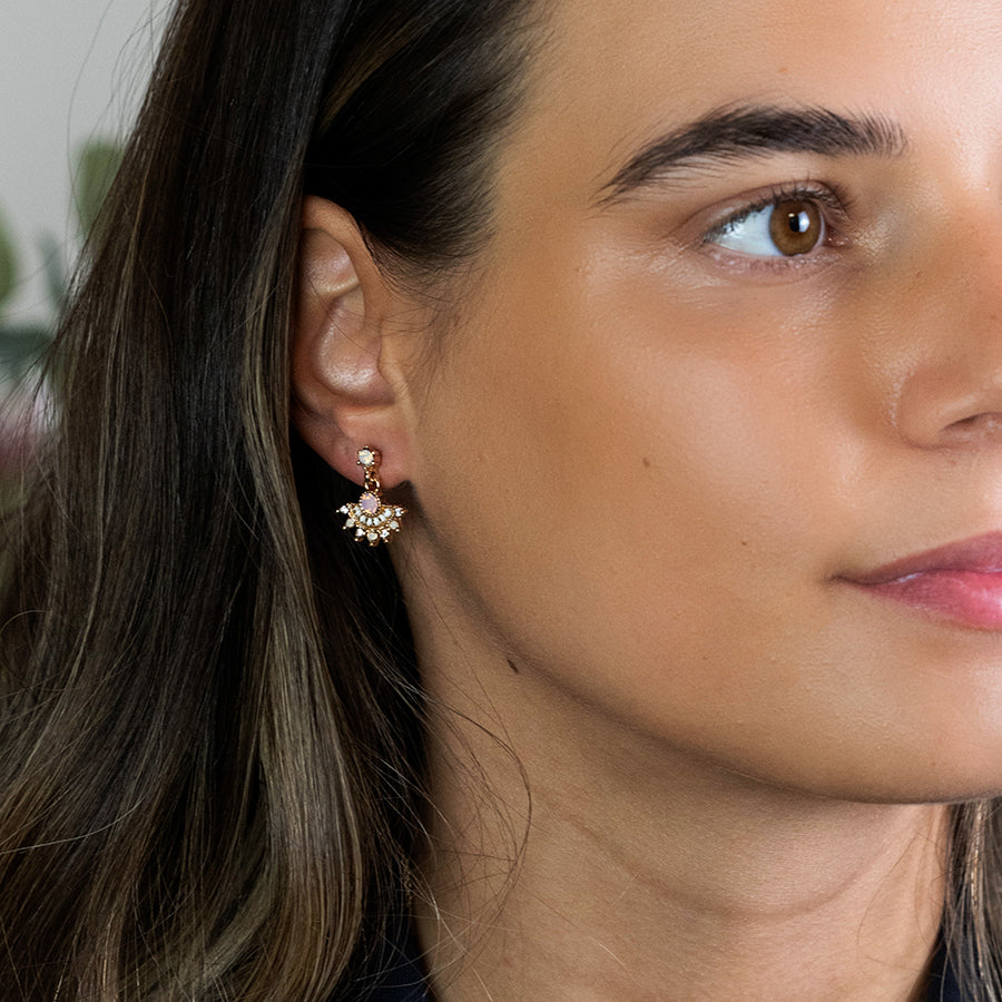 Golden, pink and white fan drop earrings