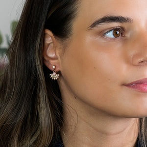 Golden, pink and white fan drop earrings