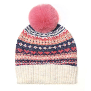 Blue and coral fair isle bobble hat