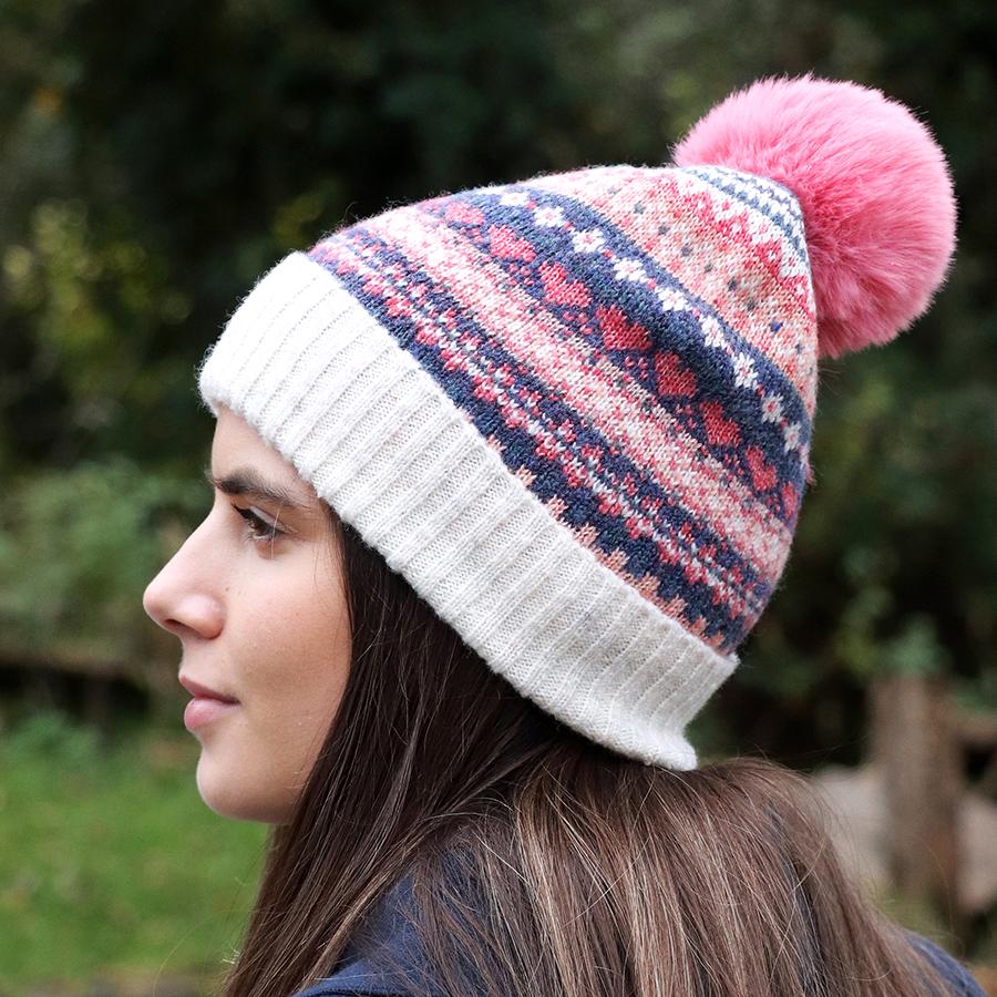 Blue and coral fair isle bobble hat