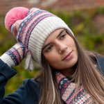 Blue and coral fair isle bobble hat