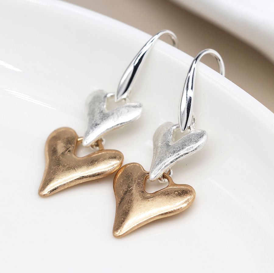 Silver plated and faux gold worn finish double heart drop earrings 4206