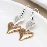 Silver plated and faux gold worn finish double heart drop earrings 4206