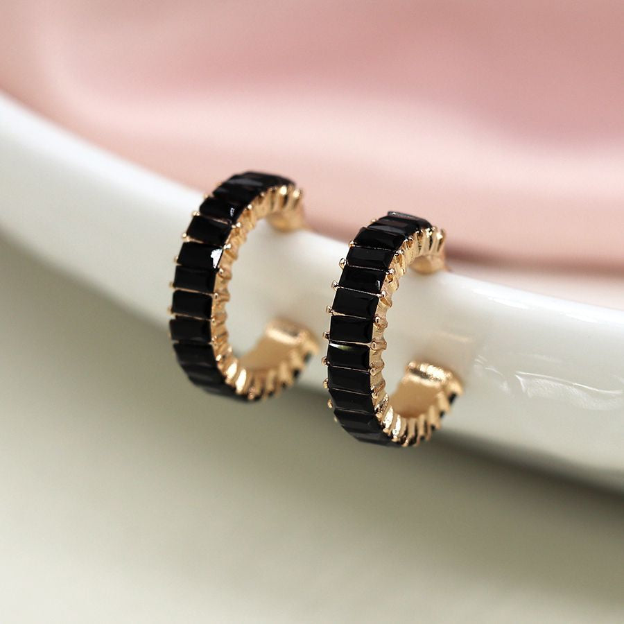 Faux gold c post black oblong crystals hoop earrings 4211