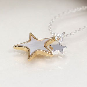 Faux gold and silver plated double star necklace with shell inlay 4124