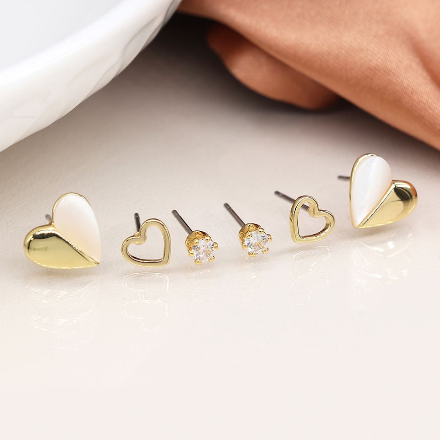 Faux gold, shell and crystal triple heart stud earring set 4137