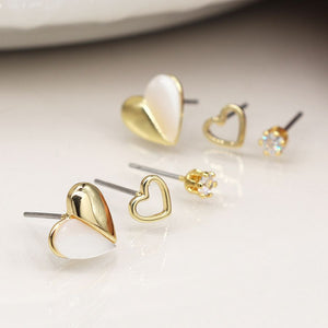 Faux gold, shell and crystal triple heart stud earring set 4137