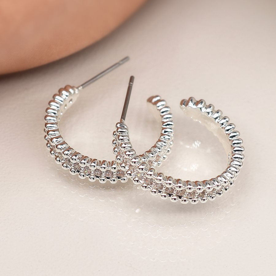 Silver plated hoop stud earrings with crystals and bobble edge 4139