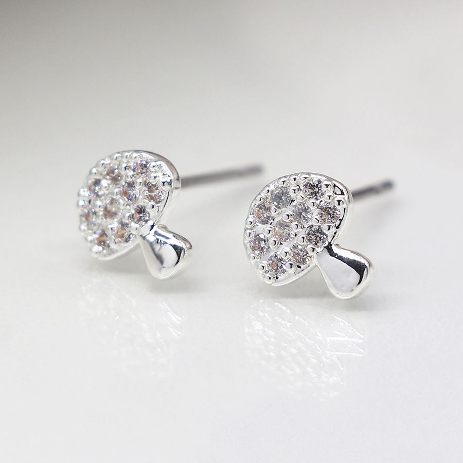 Silver plated mushroom stud earrings with clear crystals 4142