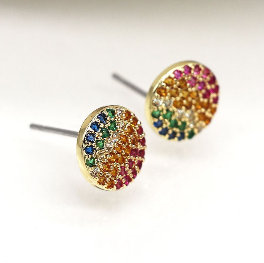 Faux gold disc stud earrings with rainbow gradient crystals 4143